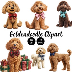 Clipart Goldendoodle per San Valentino e compleanni, cane carino con fiocchi PNG, grafica a tema amore per biglietti, artigianato e sublimazione