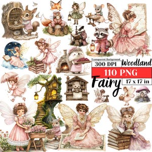Różowa Retro Leśna Wróżka Clipart Słodkie Akwarela Pastelowe Wróżki Pierwsze Urodziny PNG Zaczarowany Las Baby Shower Cyfrowa Sztuka Fantasy Magia