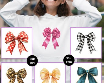 Checkered and Leopard Coquette Bows Clipart, Pink Retro Aesthetic Bow PNG, Soft Girl Watercolor Ribbon Collection, Digital Download