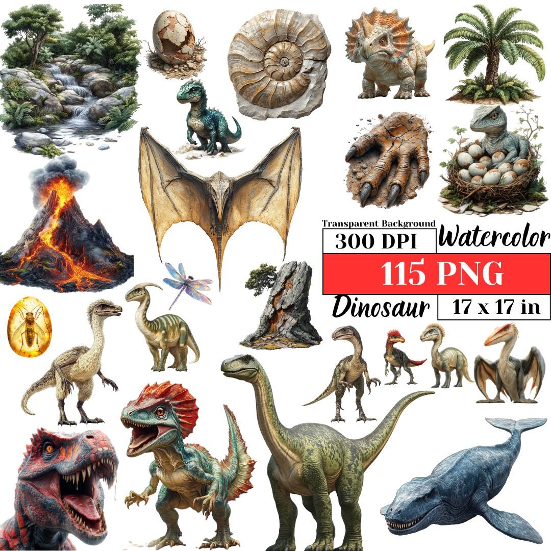 Watercolor Dinosaur Clipart Bundle Realistic Prehistoric Animal PNG ...