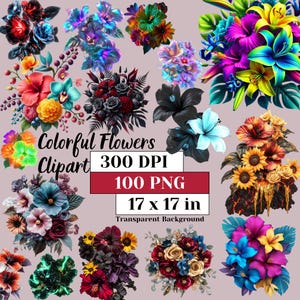 カラフルなハイビスカスの花のクリップアートバンドル ピンクの花柄 PNG 水彩花 フェイクグリッター 昇華ステッカー DIY クラフト オンデマンド印刷