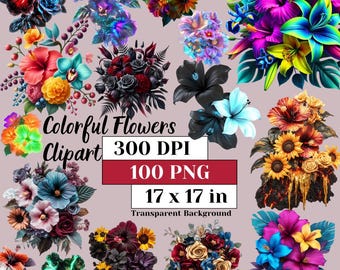 Colorful Hibiscus Flowers Clipart Bundle Pink Floral PNG Watercolor Flower Faux Glitter Sublimation Stickers DIY Crafts Print on Demand