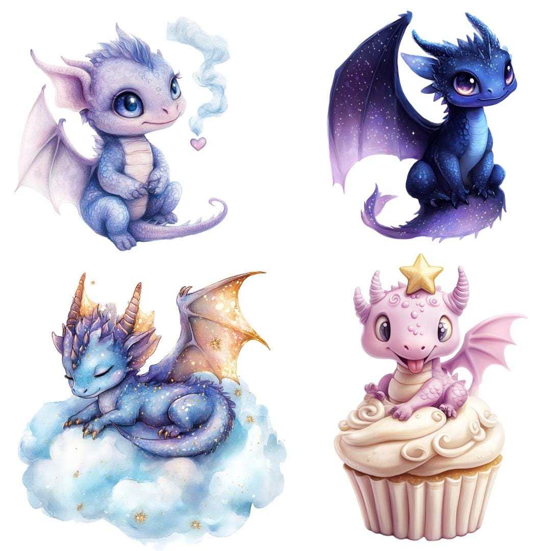 Watercolor Baby Dragon Clipart Bundle Cute Fantasy Dragon PNG for ...