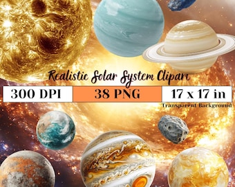 Clipart realista do sistema solar, PNG de espaço transparente para artesanato, sublimação, arte de parede, projetos DIY, temas científicos e designs digitais