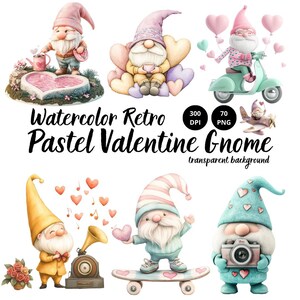 Puede incluir: Ilustración de acuarela de seis gnomos pastel para el Día de San Valentín. Los gnomos llevan sombreros rosas, azules y amarillos y tienen barbas blancas. Están sosteniendo corazones, flores, una cámara, un gramófono y una patineta. Los gnomos están sobre un fondo blanco. Watercolor Retro Pastel Valentine Gnome 300 DPI 70 PNG transparent background