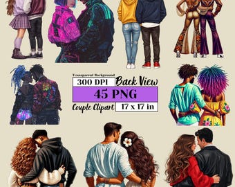 Puede incluir: Un conjunto de ilustraciones digitales de 10 parejas en varias poses y estilos. Las parejas son todas negras y se muestran en diferentes atuendos y fondos. El texto "Transparent Background 300 DPI Back View 45 PNG Couple Clipart 17 x 17 in" está incluido en la imagen.