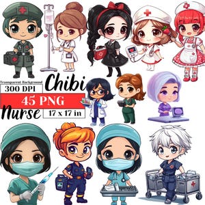 Chibi Nurse Clipart PNG Medical Healthcare Clipart Bundle Hospital Cute Uniform Best Friends Sublimation Digital Art Nursing Design Gift