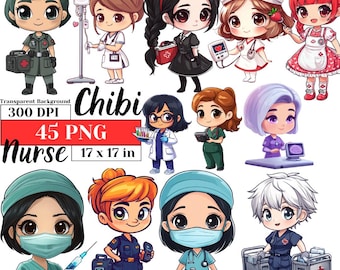 Chibi Enfermeira Clipart PNG Médico Cuidados de Saúde Clipart Pacote Hospital Bonito Uniforme Melhores Amigos Sublimação Arte Digital Design de Enfermagem Presente