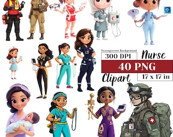 Puede incluir: Un conjunto de 40 imágenes prediseñadas PNG que representan enfermeras y personal médico de dibujos animados con varios uniformes. Las imágenes muestran varios tonos de piel y estilos, con el texto "Nurse Clipart" y dimensiones de 43 x 43 cm.