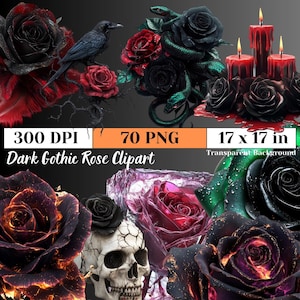 Dark Gothic Rose Clipart, Moody Floral PNG, Romantic Dark Flowers for Invitations, Sublimation, T-Shirts, Stickers, and DIY Craft Projects