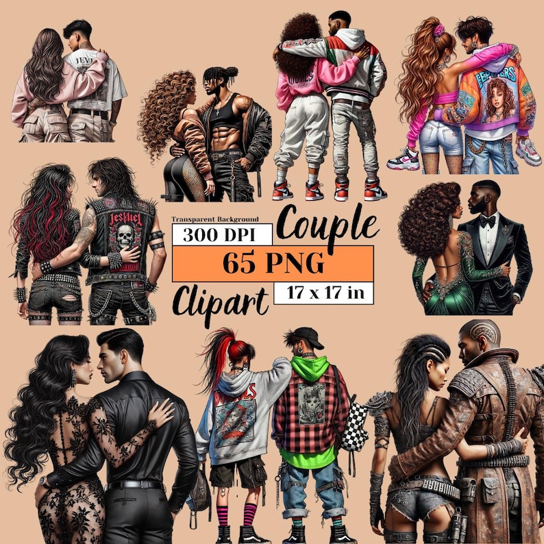 Puede incluir: Un conjunto de clipart digital de 65 parejas en varios estilos, incluyendo punk, g&oacute;tico y casual. Las parejas est&aacute;n ilustradas en un estilo de dibujos animados con colores vibrantes y ropa detallada. Las im&aacute;genes tienen un fondo transparente y son perfectas para proyectos digitales.