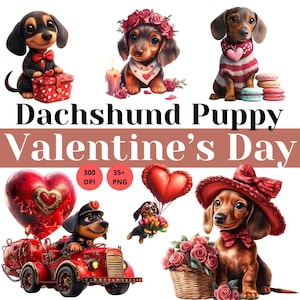 Valentinstag Dackel Welpe Clipart, Dackel PNG, Weiner Hund mit Liebesmotiven, rosa Welpen Grafiken für Handwerker und Sublimation