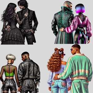 Puede incluir: Cuatro parejas con diferentes estilos, cada una con un look &uacute;nico. La primera pareja est&aacute; vestida con atuendo g&oacute;tico, la segunda con cyberpunk, la tercera con estilo punk y la cuarta con estilo streetwear moderno.