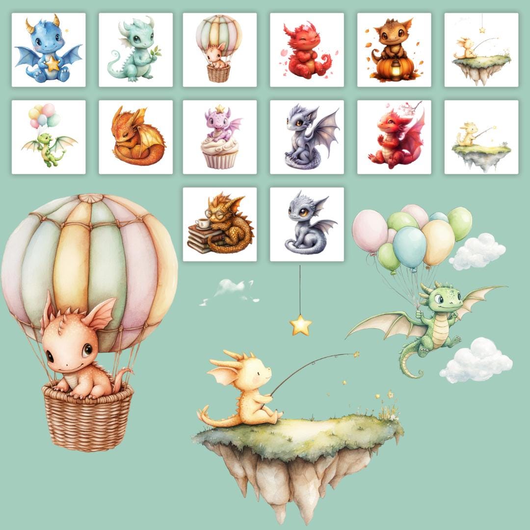 Watercolor Baby Dragon Clipart Bundle Cute Fantasy Dragon PNG for ...