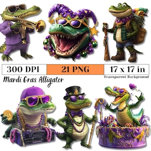 Mardi Gras Alligator PNG, Clipart de perles de langouste, Graphismes de fête du Festival, Art Gator violet et or, Sublimation de masque, téléchargement numérique amusant