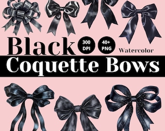 Watercolor Black Coquette Bows Clipart, Gothic Black Bow PNG, Trendy Ribbon Bowtie Art, Coquette Bow Collection for Commercial Use