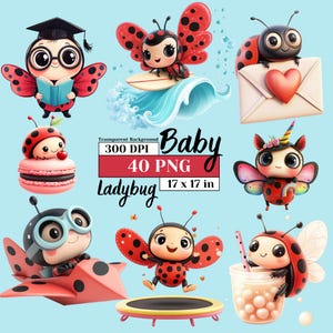 Adorabile e carino bambino coccinella clipart bundle di alta qualità PNG design per stampe da parete illustrazioni di coccinelle dei cartoni animati uso commerciale