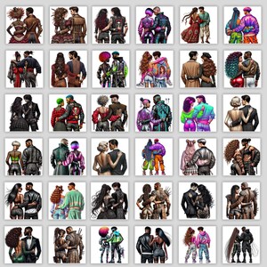 Puede incluir: Un collage de 36 ilustraciones que presentan parejas en diversas poses y estilos. Cada pareja se representa con ropa y accesorios &uacute;nicos, mostrando una variedad de est&eacute;ticas de moda.