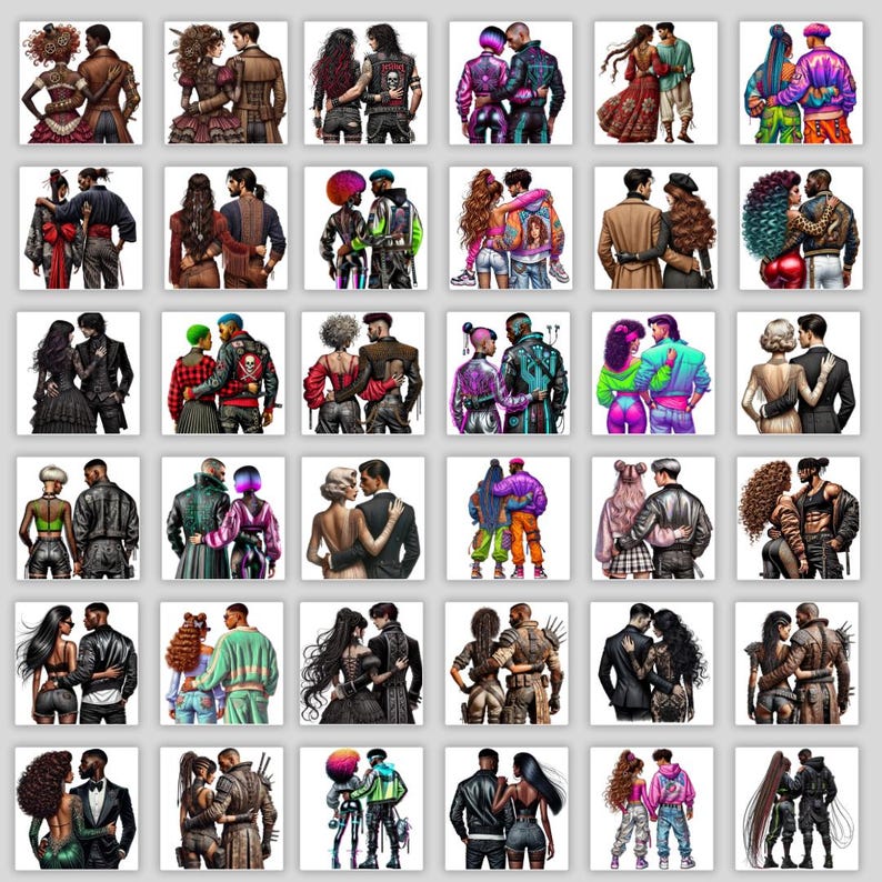 Puede incluir: Un collage de 36 ilustraciones que presentan parejas en diversas poses y estilos. Cada pareja se representa con ropa y accesorios &uacute;nicos, mostrando una variedad de est&eacute;ticas de moda.