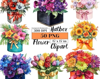 Hatbox Flower Clipart Bundle Spring Floral PNG Tulip Wildflower Garden Bouquets Digital Art Watercolor Cute Flower Box Stickers Sublimation