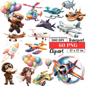 Watercolor Airplane Bear Balloon Helicopter Clipart Cute PNG Transportation Nursery Illustration Printable Kids Room Wall Art Baby Boy Girl