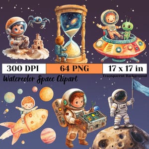 Aquarell Weltraum Clipart, süße Astronauten Planeten PNG, Raketen, Kinderzimmer Dekor, Weltraum Geburtstag Sublimation, Galaxy Fun Crafts
