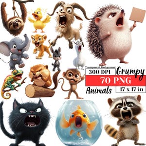 Funny Grumpy Animals PNG Clipart Digital Download Cute Animal Art Prints Transparent Sublimation Cartoon Wildlife Character Stickers Decor