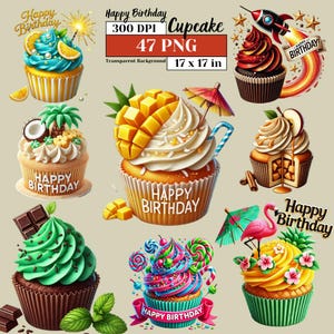 Birthday Cupcake Clipart Bundle High Quality PNG Cute Party Invitations Greeting Cards Scrapbooking, Sublimation, DIY Crafts Commercial Use