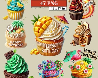 Verjaardag cupcake clipartbundel hoge kwaliteit PNG leuke feestuitnodigingen wenskaarten scrapbooking, sublimatie, doe-het-zelf ambachten Commercieel gebruik