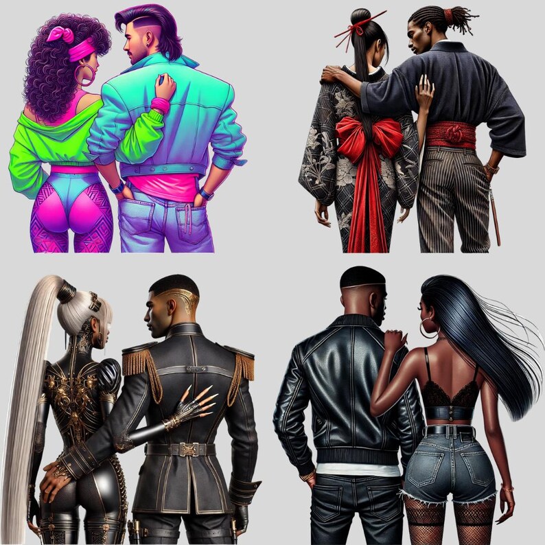 Puede incluir: Cuatro parejas con diferentes estilos de ropa. La primera pareja lleva atuendos coloridos inspirados en los a&ntilde;os 80. La segunda pareja lleva ropa tradicional japonesa. La tercera pareja lleva ropa de calle moderna. La cuarta pareja lleva chaquetas de cuero y jeans.