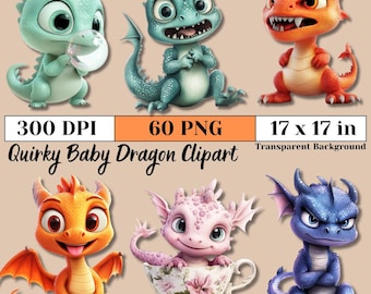 Quirky Baby Dragon Clipart, Cute Fantasy Dragon PNG for Crafts, Sublimation, Greeting Cards, Party Decor, and Adorable Whimsical Designs
