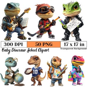 Cute Baby Dinosaur School Clipart, Back to School Dino PNG, Fun Classroom Decor, School Theme Graphics, Sublimation Designs, Crafting PNG