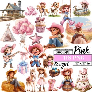 Rosa Cowgirl PNG Aquarell Baby Western Clipart Rodeo Prinzessin Digitale Kunst Rustikale Wilde Westen Kinderzimmer Dekor Country Boots Sublimationsentwurf