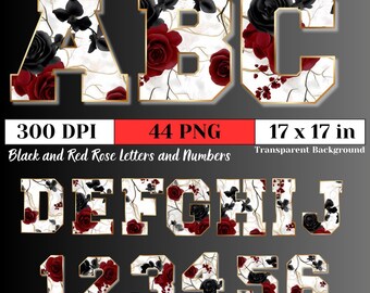 Watercolor Black and Red Rose Alphabet PNG, Floral Letters and Numbers, Elegant Dark Romantic Font, Digital Clipart for Sublimation  Crafts