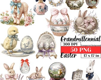 Easter Clipart Grandmillennial PNG Toile Chinoiserie Vintage Bunny Coquette Bow Cottagecore Spring Aesthetic Pastel Floral Digital Download