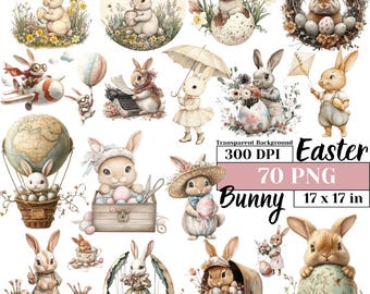 Vintage Easter Bunny Clipart Retro Rabbit Floral Watercolor Spring Junk Journal Scrapbooking Baby Shower Nursery Decor Printable PNG Art