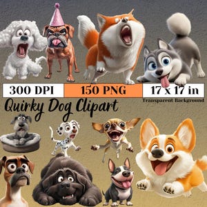 Eigenzinnige hondenras clipart, grappige en grillige hond png&#39;s voor sublimatie, wenskaarten, ambachten en aangepaste ontwerpen, aquarel graphics