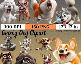 Quirky Dog Breed Clipart, Funny and Whimsical Dog PNGs for Sublimation, Greeting Cards, Crafts, and Custom Designs, Watercolor Graphics