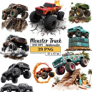 Monster Truck Clipart Bundle Watercolor Off-Road Vehicle Art Instant Download Commercial Use Truck Sublimation Big Truck PNG Digital Design