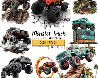 Monster Truck Clipart Bundle Watercolor Off-Road Vehicle Art Instant Download Commercial Use Truck Sublimation Big Truck PNG Digital Design