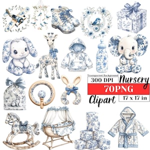 Toile kwekerij PNG vintage chinoiserie clipart blauwe Franse Toile de Jouy digitale kunst elegante babyshower esthetische bloemmotief downloaden