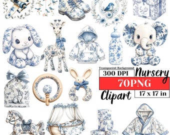 Toile kwekerij PNG vintage chinoiserie clipart blauwe Franse Toile de Jouy digitale kunst elegante babyshower esthetische bloemmotief downloaden