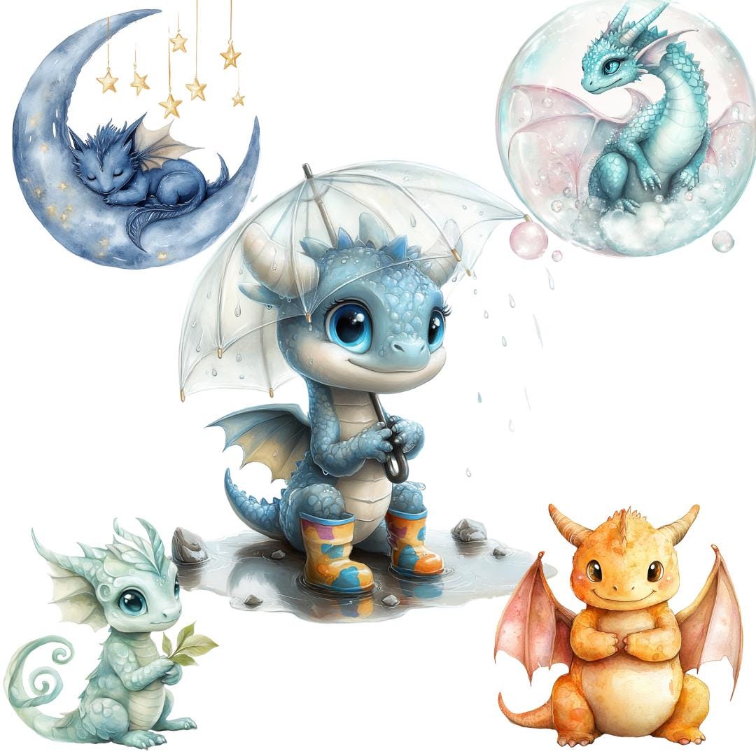 Watercolor Baby Dragon Clipart Bundle Cute Fantasy Dragon PNG for ...