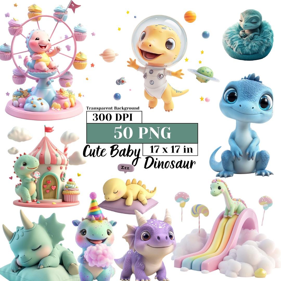 Cute Baby Dinosaur Clipart Bundle Adorable Dino PNG Jurassic Stickers ...