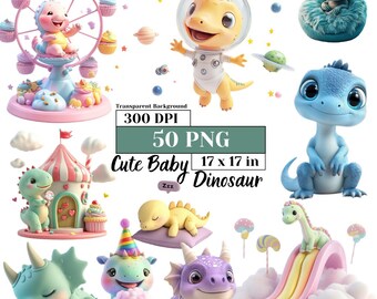 Lindo paquete de imágenes prediseñadas de dinosaurio bebé, adorables pegatinas PNG de dinosaurio jurásico, sublimación, decoración de habitación de niños, manualidades de bricolaje, cumpleaños de dinosaurio, impresión a pedido