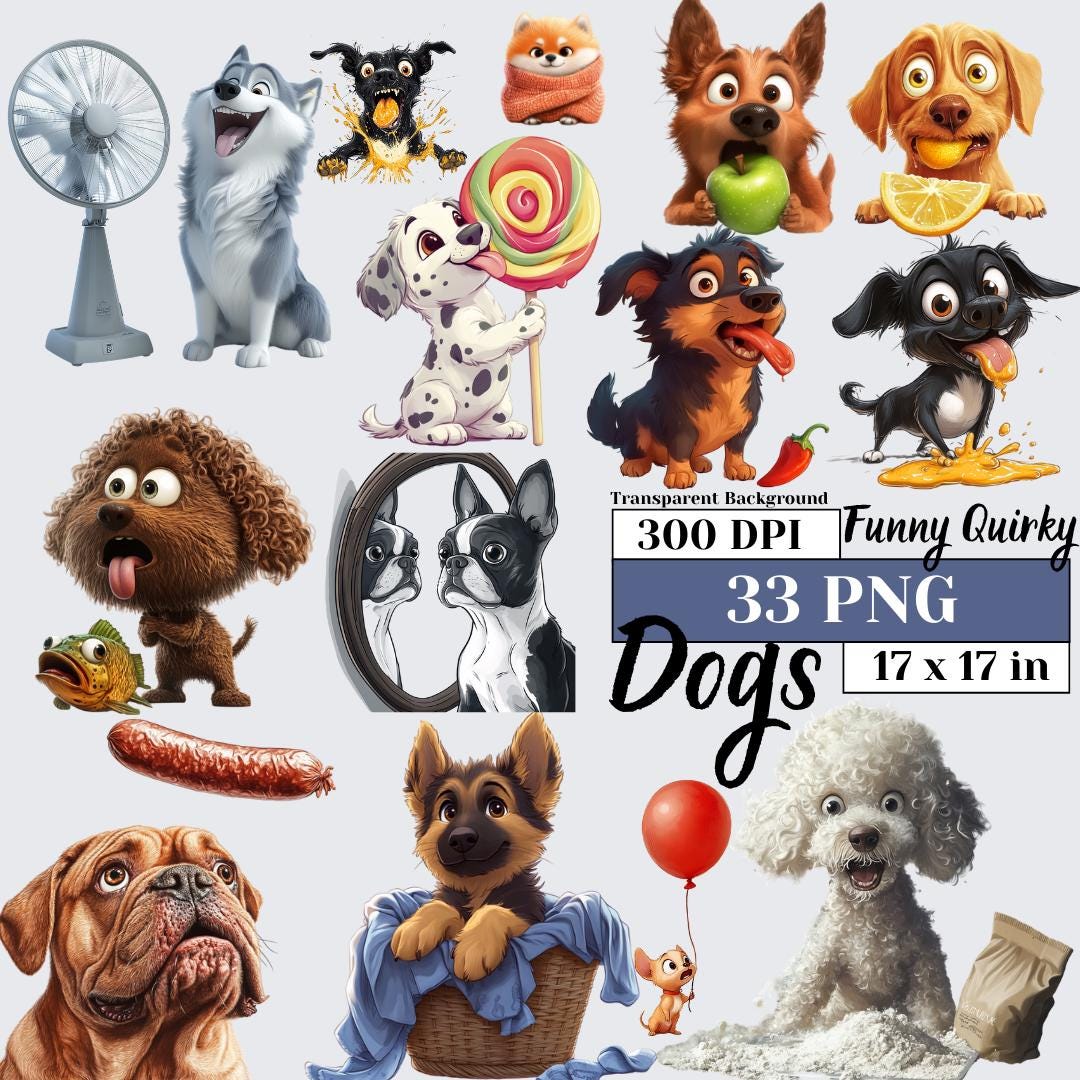 Quirky Funny Dog Clipart Bundle Cute Watercolor Puppy PNG Whimsical ...