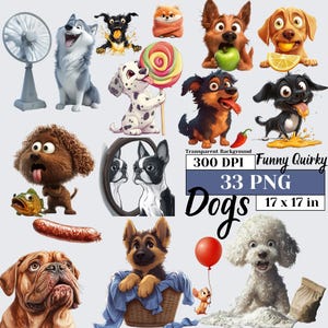 Schrulliger lustiger Hund Clipart-Bundle, niedlicher Aquarell-Welpe PNG, wunderliche Haustiere, Sublimation, verspielt, längliche Hunde, digitale Tierkunst-Grafik