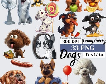 Schrulliger lustiger Hund Clipart-Bundle, niedlicher Aquarell-Welpe PNG, wunderliche Haustiere, Sublimation, verspielt, längliche Hunde, digitale Tierkunst-Grafik