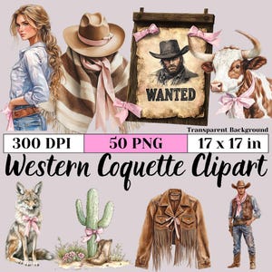 Watercolor Western Coquette Clipart Bundle Cowgirl PNG Country Aesthetic Cowboy Boots Hat Highland Cow Stickers Sublimation POD Art