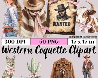 Aquarell Western Coquette Clipart Bundle Cowgirl PNG Country ästhetik Cowboy Boots Hut Highland Kuh Aufkleber Sublimation POD Art